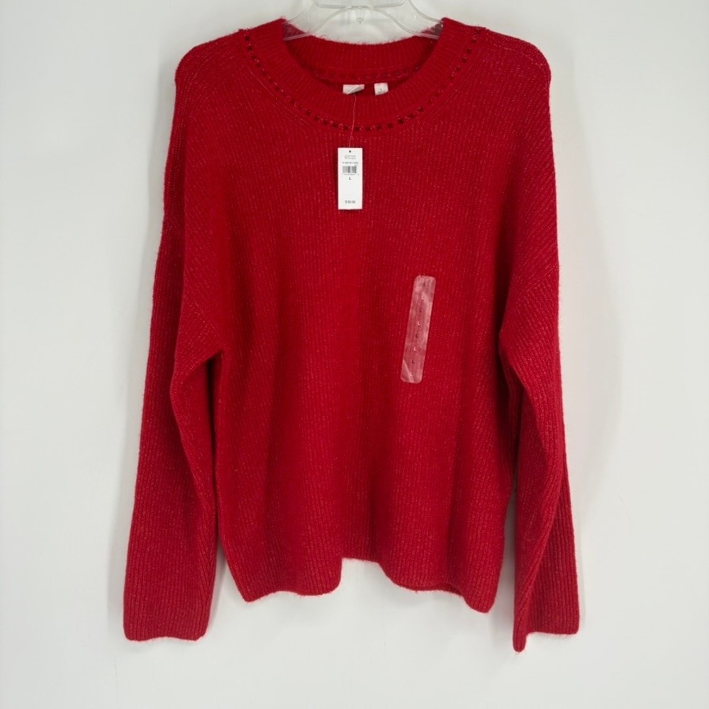 NWT GAP‎ Red Crew Neck Sweater Knit Openwork Detail Women's Size L Valentine